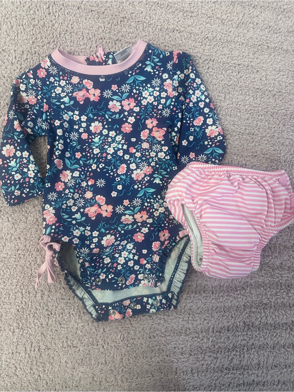 🌸 RuffleButts Floral Rash Guard Swimsuit & Swim Diaper Set 3-6M UPF *